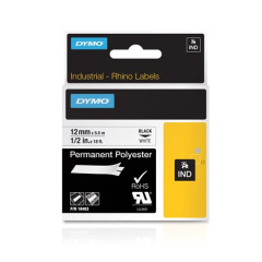 Pska do ttkovaa, odoln polyester, 12 mm x 5,5 m, DYMO "Rhino", biela-ierna