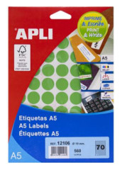 Etikety, okrhle, priemer: 19 mm, farebn, na liste formtu A5, APLI, zelen, 560 etikiet/bal