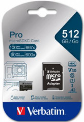 Pamov karta, microSDXC, 512 GB, CL10/U3/A2, 100/90 MB/s, s adaptrom, VERBATIM "PRO"