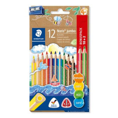 Farebn ceruzky, sada, trojhrann, hrub, so strhadlom, STAEDTLER "Noris Jumbo 128", 10+2 rznych farieb
