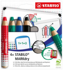 Such popisova na tabuu a flipchart, kueov hrot, STABILO "MARKdry", 4 rzne farby s utierkou a strhadlom