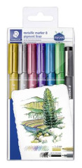 Dekoran popisova, 1-2 mm, kueov hrot, STAEDTLER "8323", 6 rznych kovovch farieb, darek: ierne tuov pero