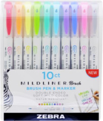 Fixky, sada, 0,5/0,7 mm, s dvomi hrotmi, ZEBRA "Mildliner Brush&Marker", 10  rznych farieb