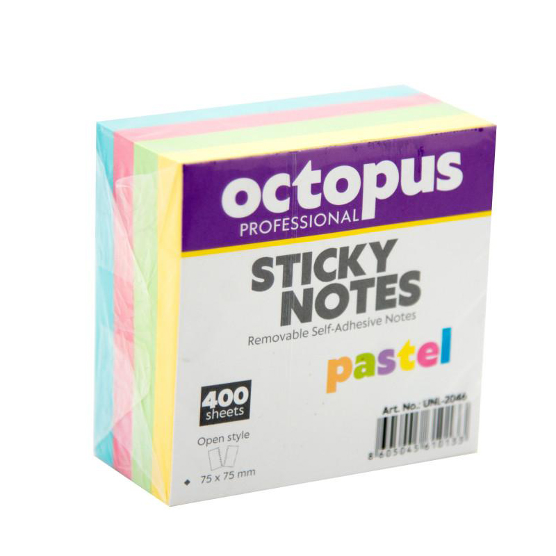 Bločky samolepiace OCTOPUS 75x75 pastel 400l mix