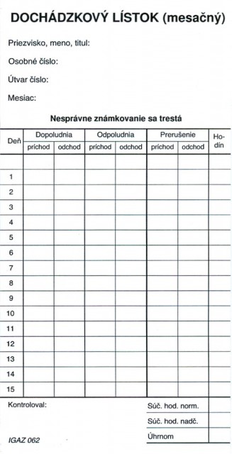 Dochádzkový lístok mesačný