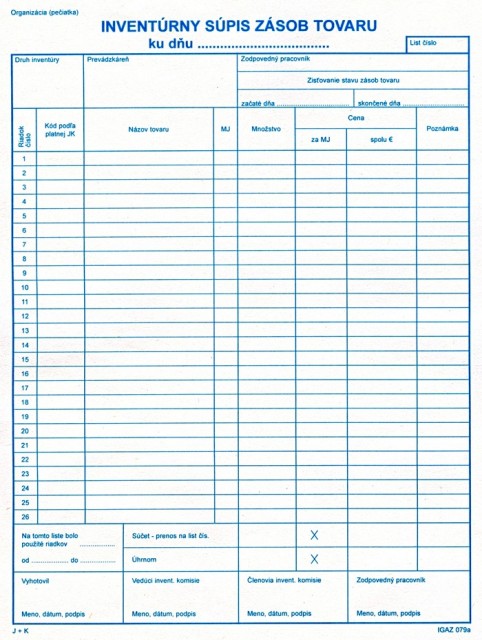 Inventárny súpis zásob tovaru A4 50 listov