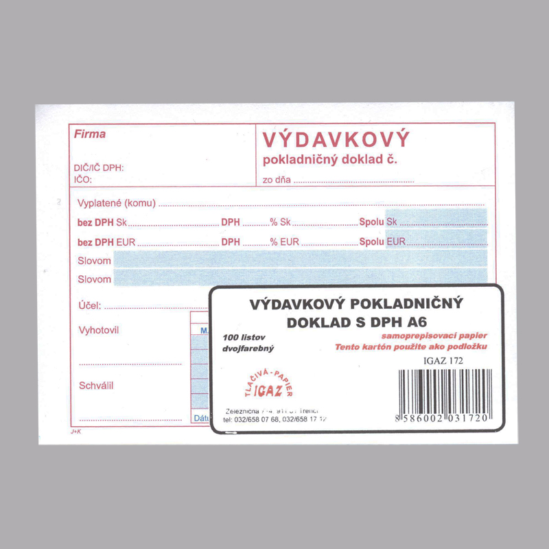 Výdavkový pokladničný doklad samoprepis A6 s DPH dvojfarebný