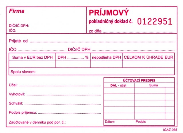 Príjmový pokladničný doklad samamoprepis číslovaný