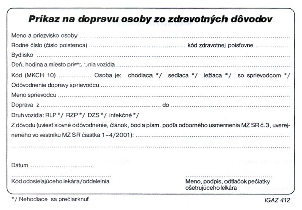 Príkaz na dopravu osoby zo zdravotných dôvodov