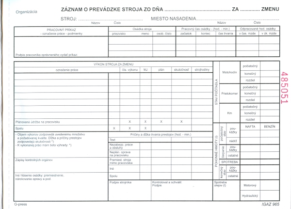 Záznam o prevádzke stroja A5 samoprepis