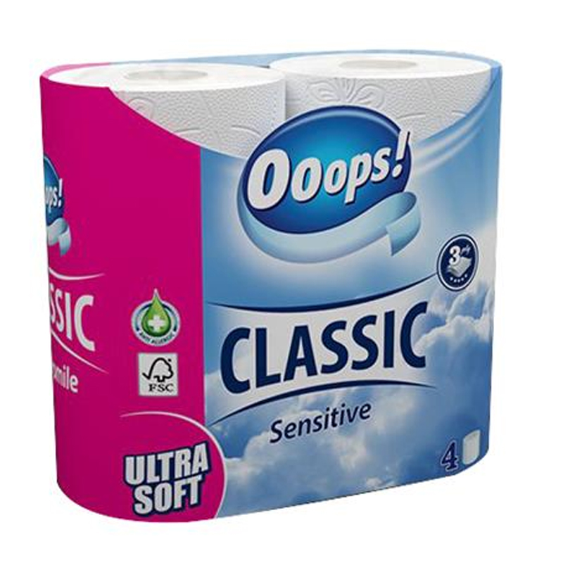 Toaletný papier, 3-vrstvový, malý kotúč, 4 kotúče, OOOPS ''Classic'', sensitive