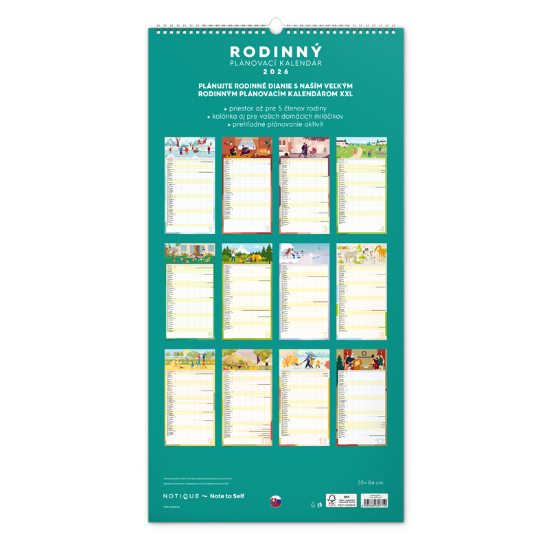 Nástenný rodinný plánovací kalendár XXL 33x64cm 2026