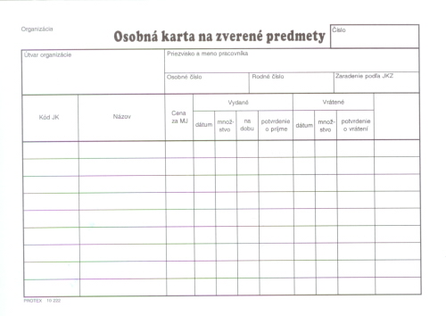 KARTA OSOBNA NA ZVERENE PREDMETY 10222