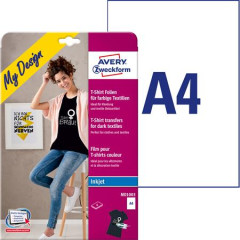 Na�eh�ovacia f�lia, A4, do atramentov�ch tla�iarn�, na tmav� a farebn� textil, AVERY ZWECKFORM