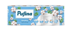 Toaletn papier, 3-vrstvov, mal kot, 10 kotov, PUFINA "Sensitive Aquabond", bez vne