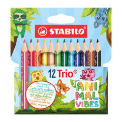 Farebn� ceruzky, sada, trojhrann�, hrub�, STABILO "Trio Thick Short Animal Vibes", 12 r�znych farieb